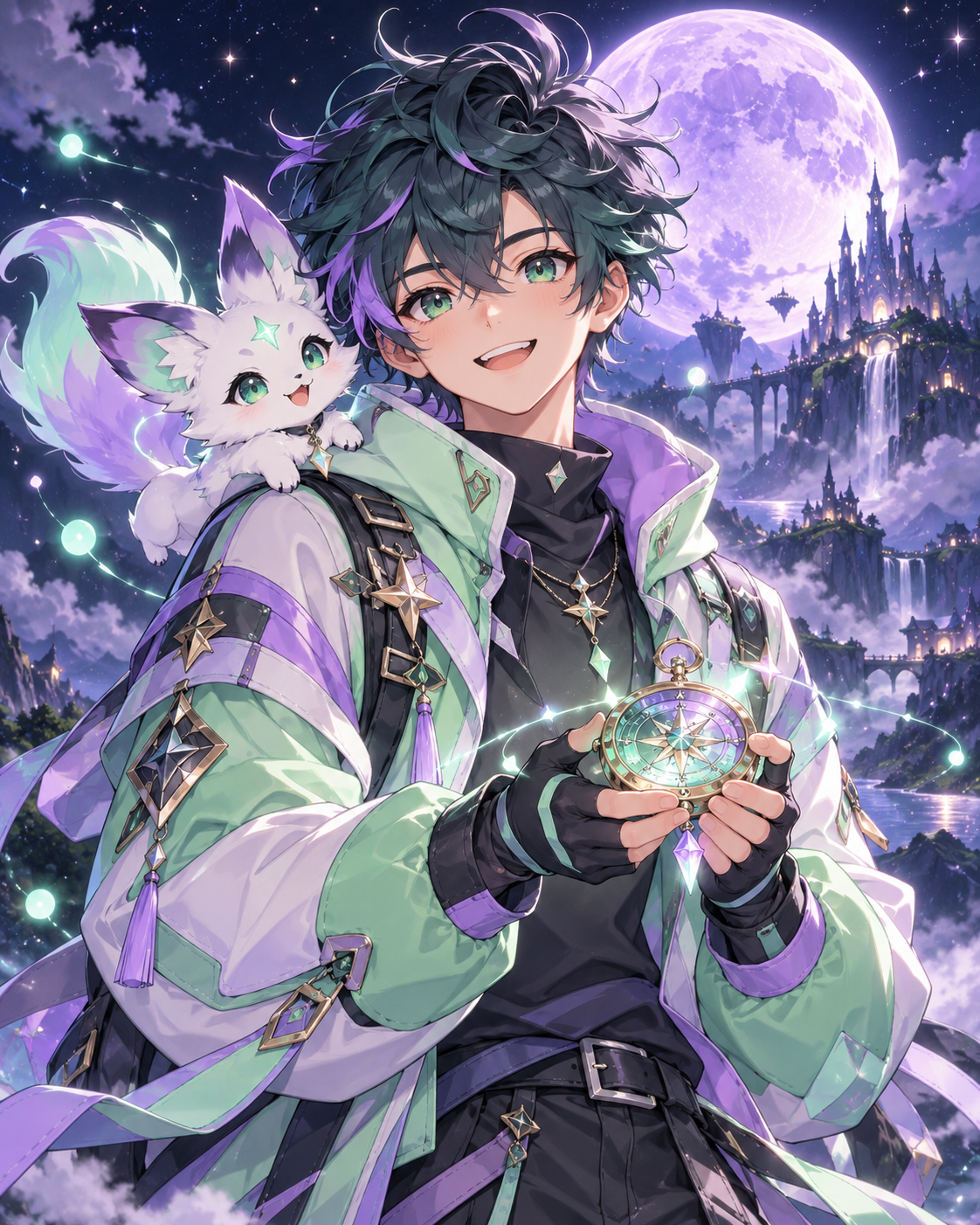 Avatar anime de un aventurero con un pequeño compañero mágico bajo una luna lavanda