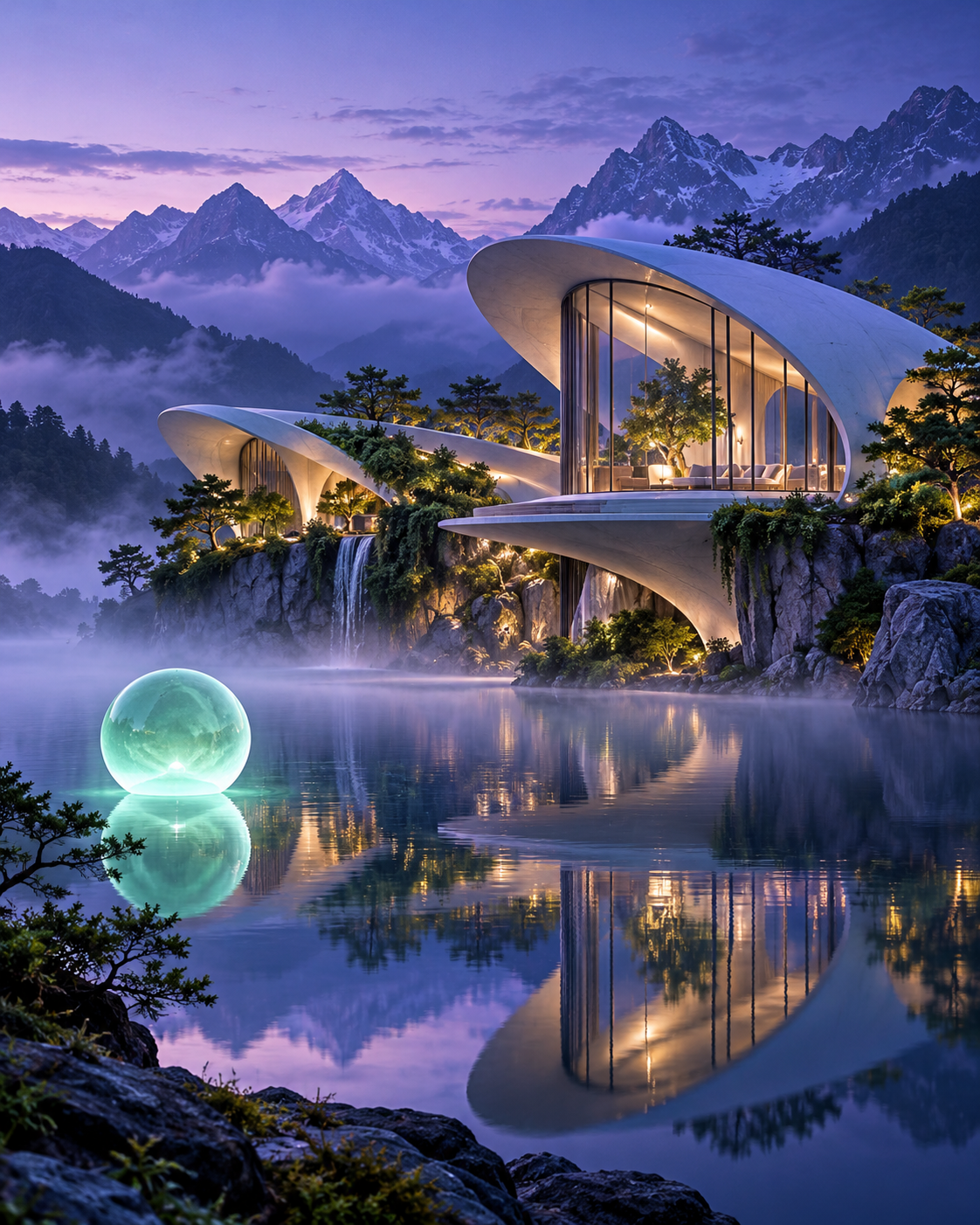 Arquitectura futurista sobre un lago entre montañas al anochecer