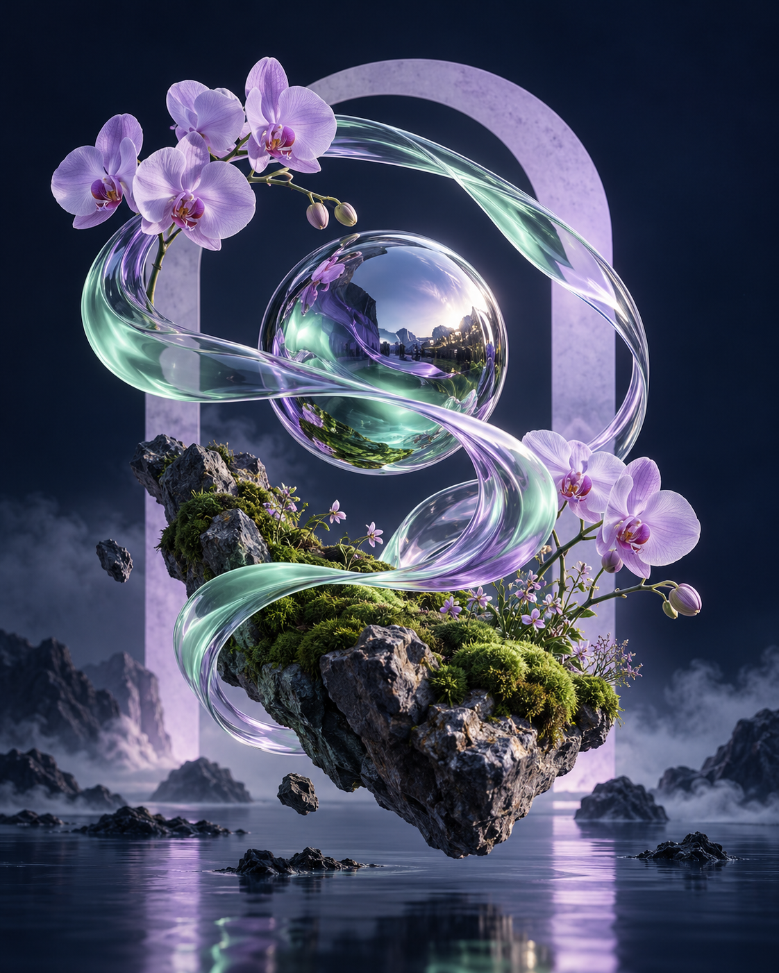 Orquídeas, cristal y una isla flotante en tonos lavanda y menta