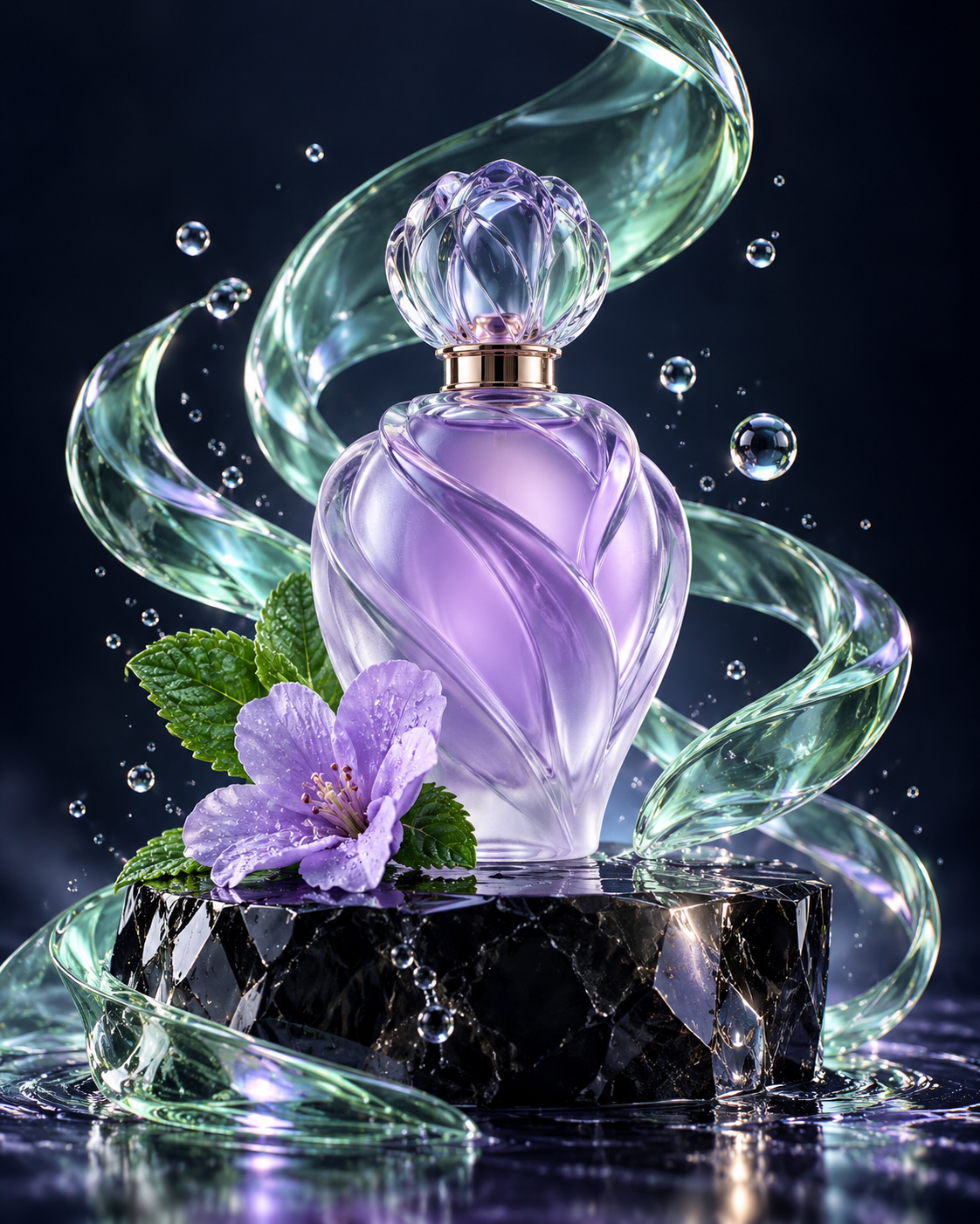 Fotografía de producto: perfume de cristal lavanda con cintas de vidrio y gotas de agua
